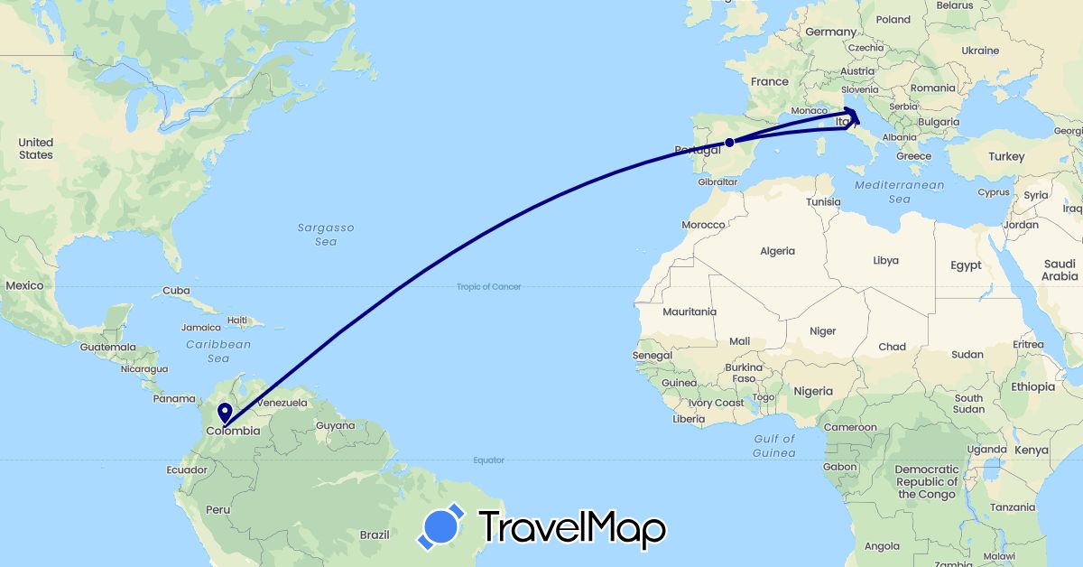 TravelMap itinerary: driving in Colombia, Spain, Italy, San Marino, Venezuela (Europe, South America)